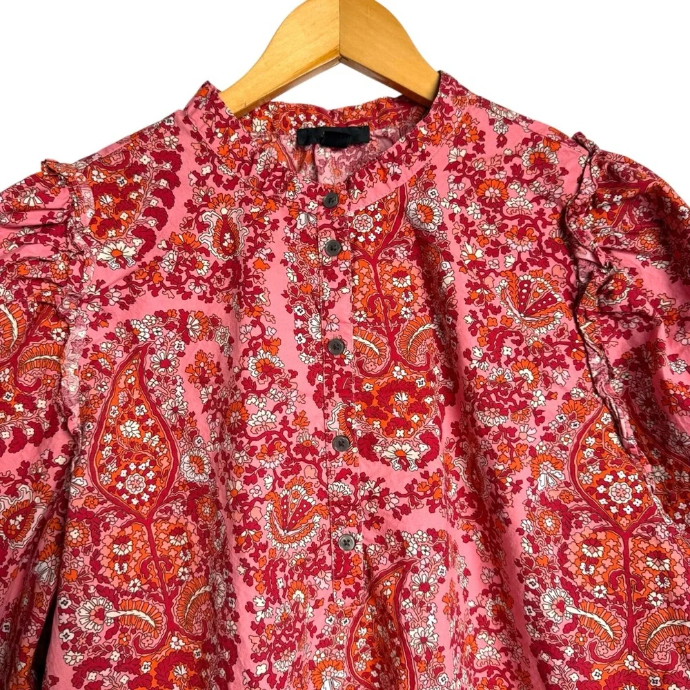 J. Crew Puff Sleeve Top Blouse Oversized Paisley Print Pink Women Size XL Ruffle - Picture 3 of 13